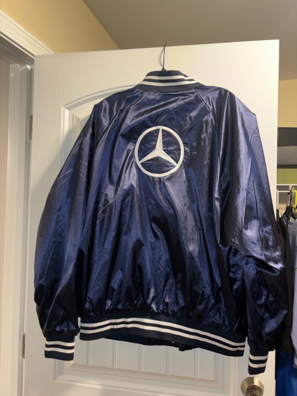 Men's Navy Satin Bomber Jacket with Embroidered Star Emblem